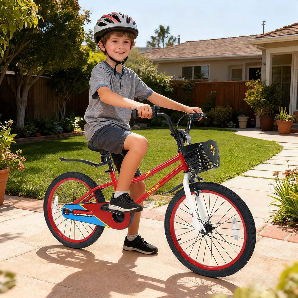 20-inch red kids bike with adjustable seat, kickstand, and storage basket, designed for children aged 8 and up.