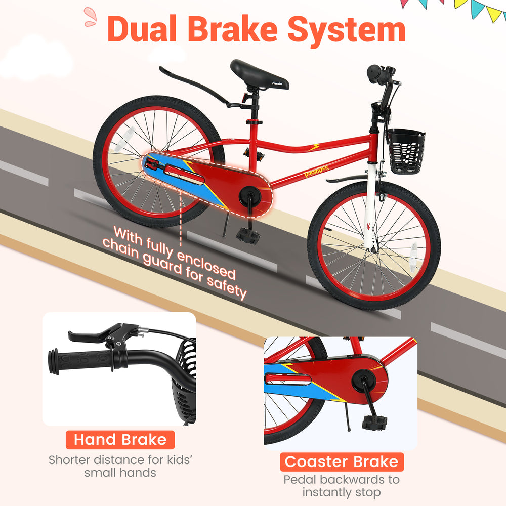 20-inch red kids bike featuring adjustable seat, hand brake, coaster brake, and storage basket for safe riding.