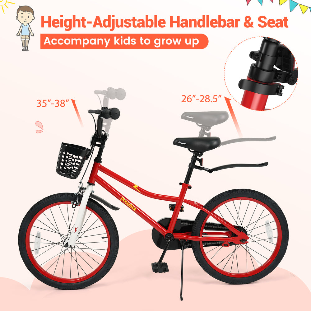 20-inch red kids bike with adjustable seat and handlebar, kickstand, and storage basket for ages 8 and up.