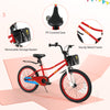 20-inch red kids bike with adjustable seat, sturdy metal frame, removable storage basket, and kickstand for ages 8+.