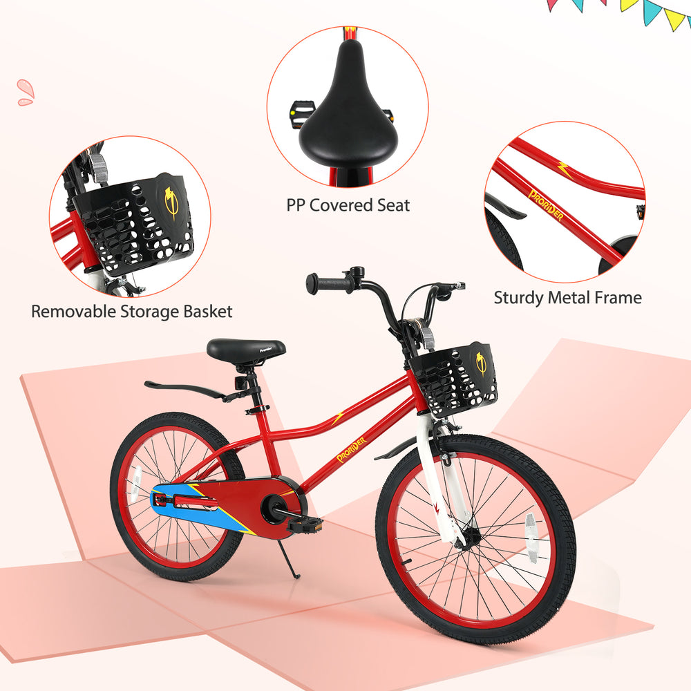 20-inch red kids bike with adjustable seat, sturdy metal frame, removable storage basket, and kickstand for ages 8+.