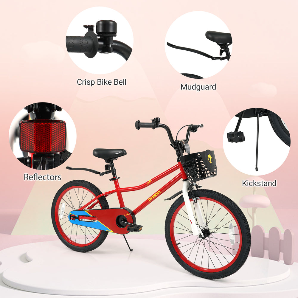 20-inch red kids bike with adjustable seat, kickstand, storage basket, and safety features for children aged 8+.
