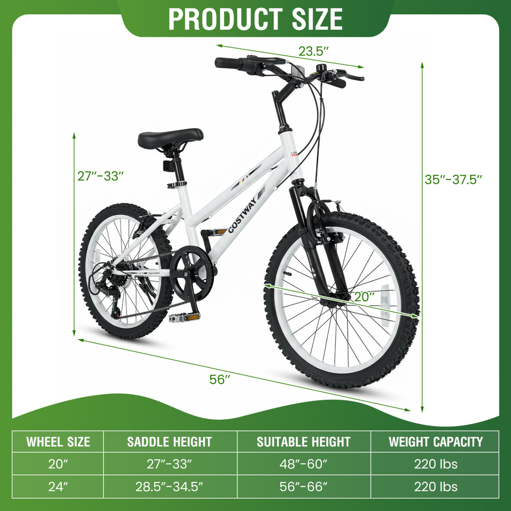 20-inch kids mountain bike in white with adjustable seat, 7-speed derailleur, and anti-slip tires for safe riding.