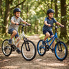 Two kids riding 20-inch mountain bikes with adjustable seats, featuring non-slip handles and anti-slip tires for safety.