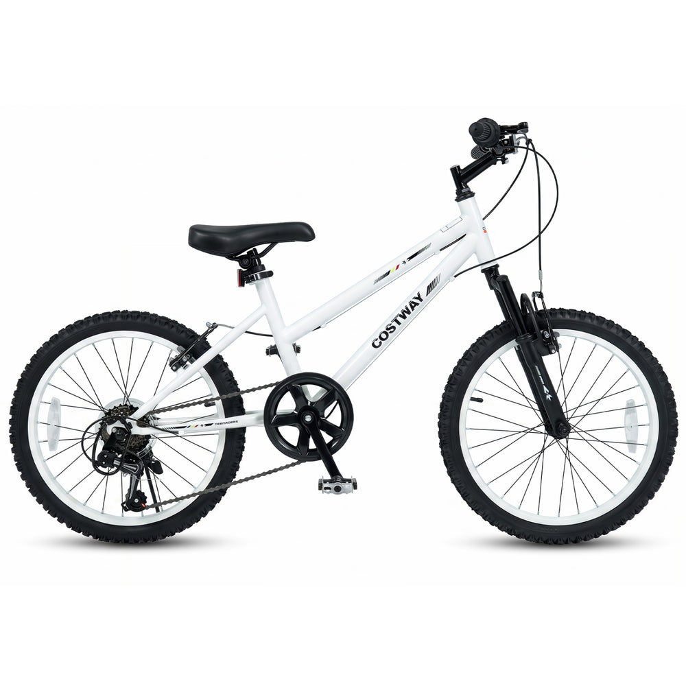 20-inch kids mountain bike in white with adjustable seat, 7-speed derailleur, and anti-slip tires for safe riding.