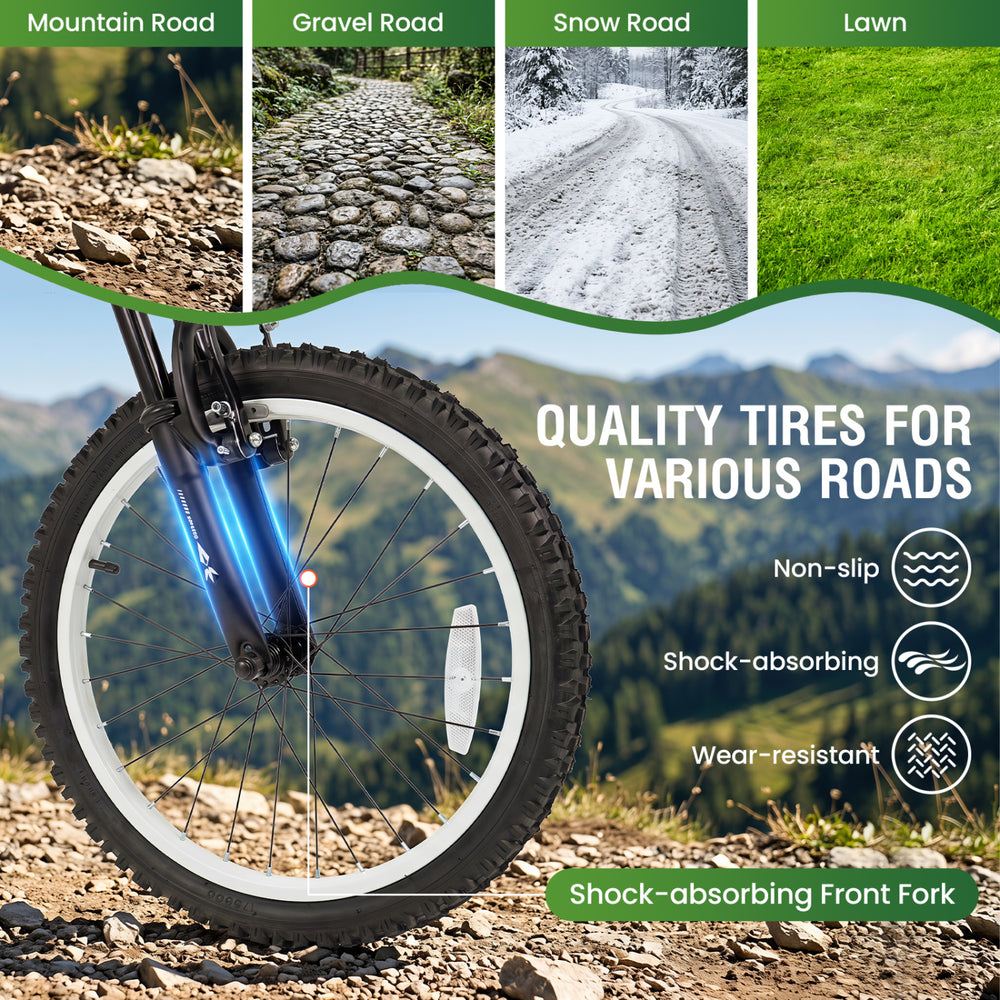 Front view of the 20-inch kids mountain bike featuring anti-slip tires and a shock-absorbing front fork for stability.