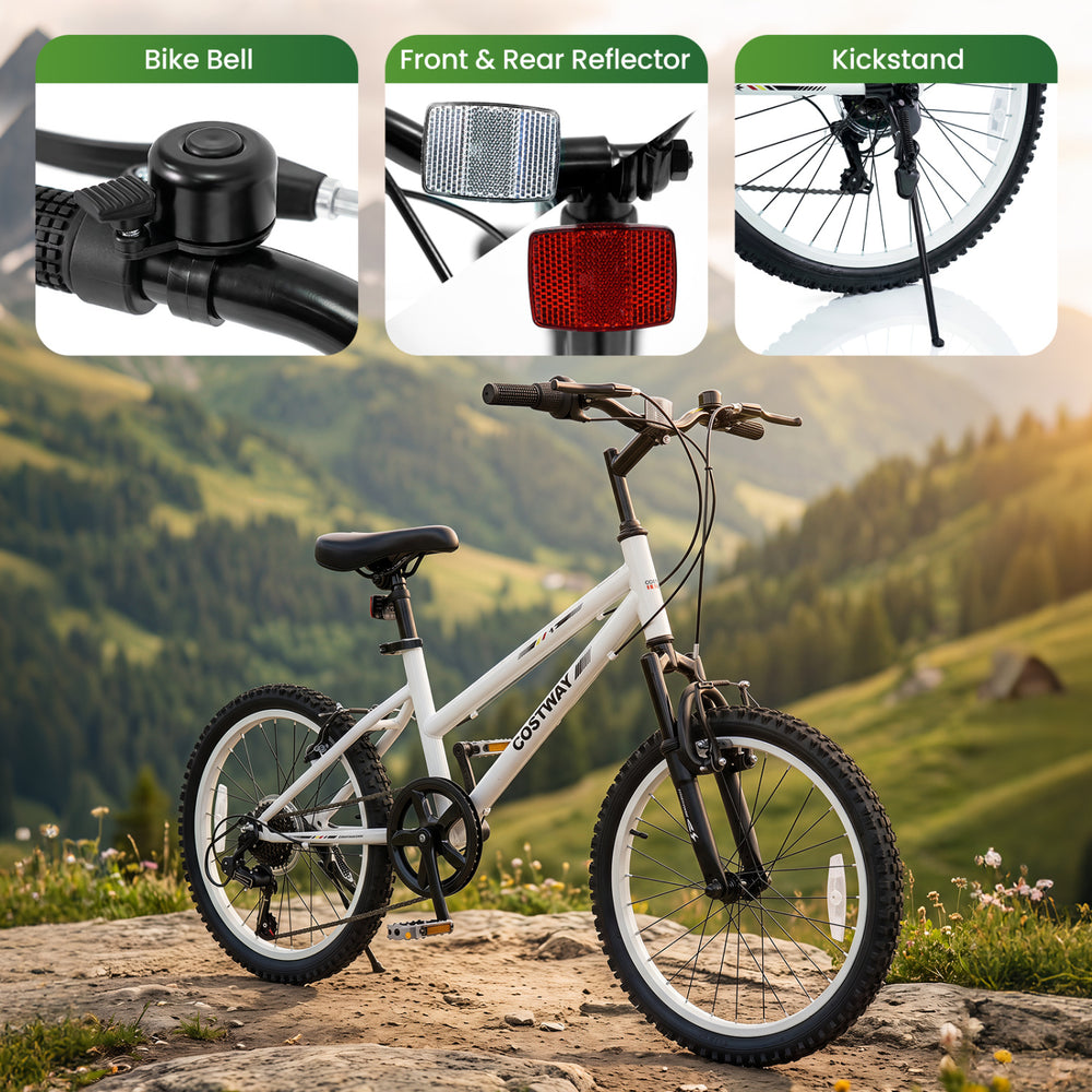 20-inch kids mountain bike in white features adjustable seat, 7-speed derailleur, and kickstand for easy parking.