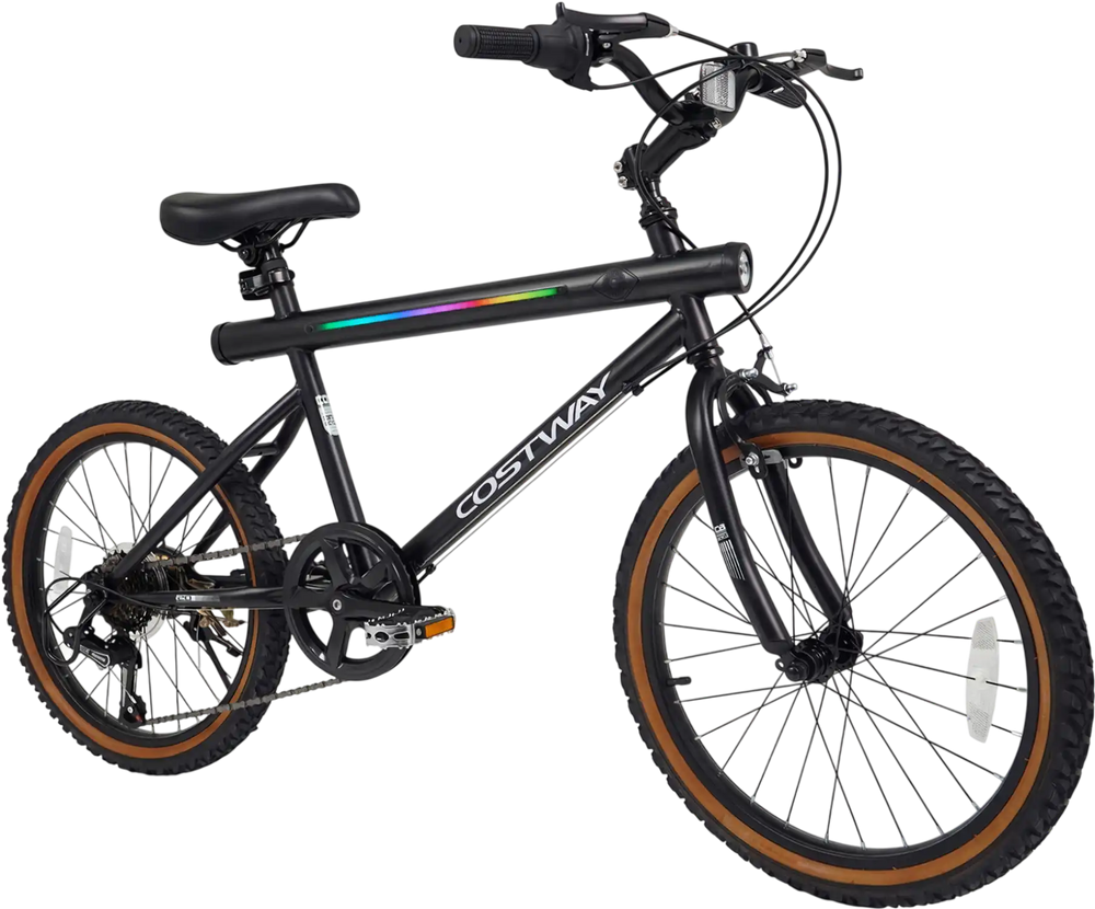 20-inch black cycling bike with LED lights, 6-speed Shimano shifting, and wireless speakers for versatile rides.