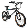 20-inch black cycling bike with LED lights, 2 speakers, and 6-speed shifting for versatile rides on various terrains.