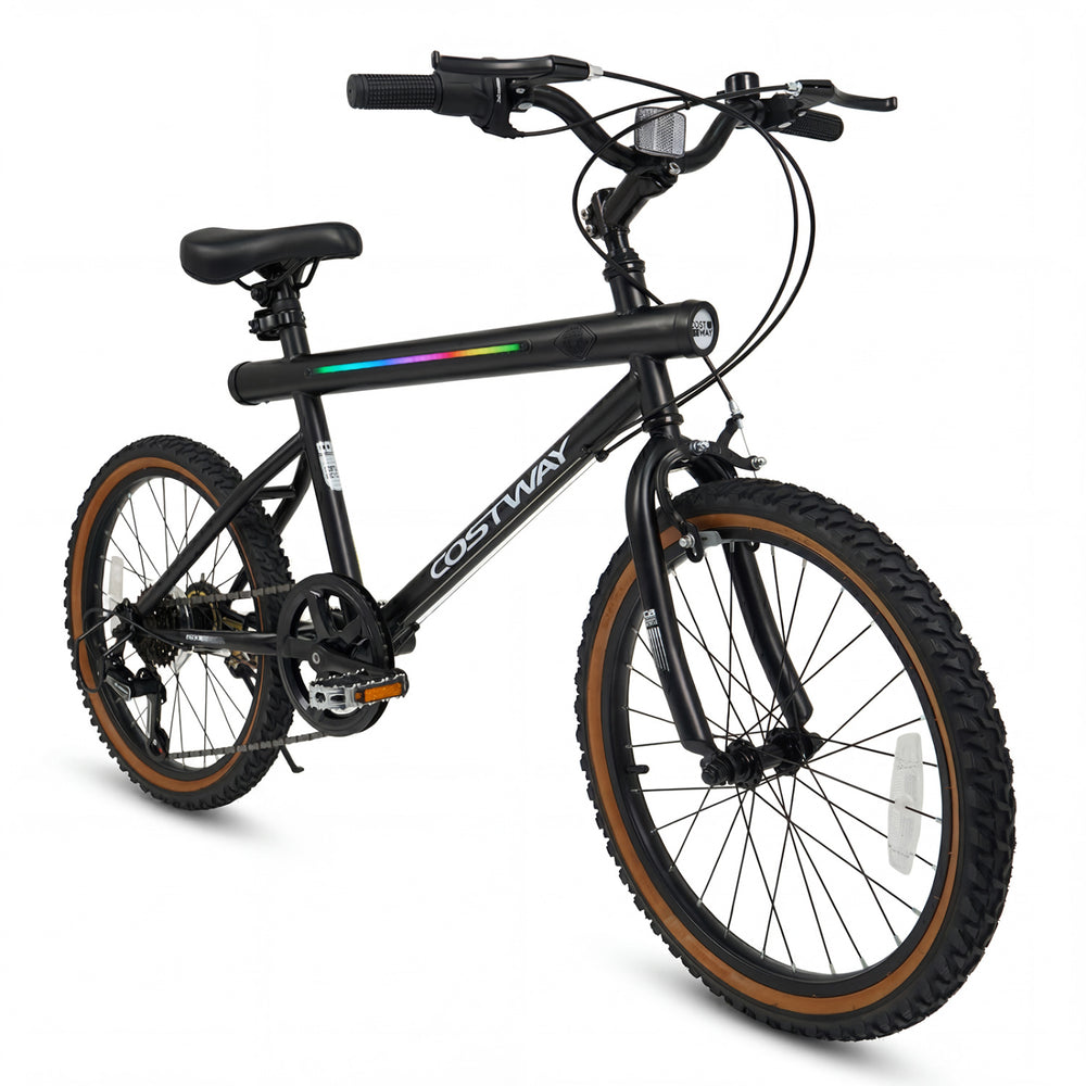20-inch black cycling bike with LED lights, 2 speakers, and 6-speed shifting for versatile rides on various terrains.