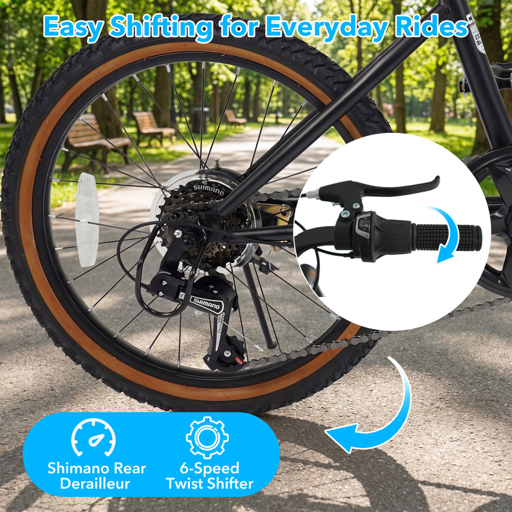 Close-up of the Shimano rear derailleur and 6-speed twist shifter on a black 20-inch LED-lit cycling bike.