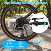 Close-up of the Shimano rear derailleur and 6-speed twist shifter on a black 20-inch LED-lit cycling bike.