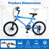 20-inch blue mountain bike with Shimano 6-speed shifting, LED lights, and stereo speakers, ideal for confident rides.