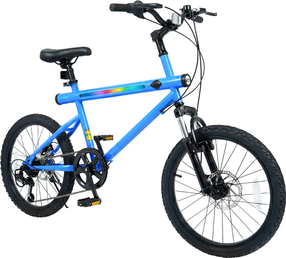 20-inch blue mountain bike with 6-speed Shimano shifting, front suspension, and built-in stereo speakers for enjoyable.