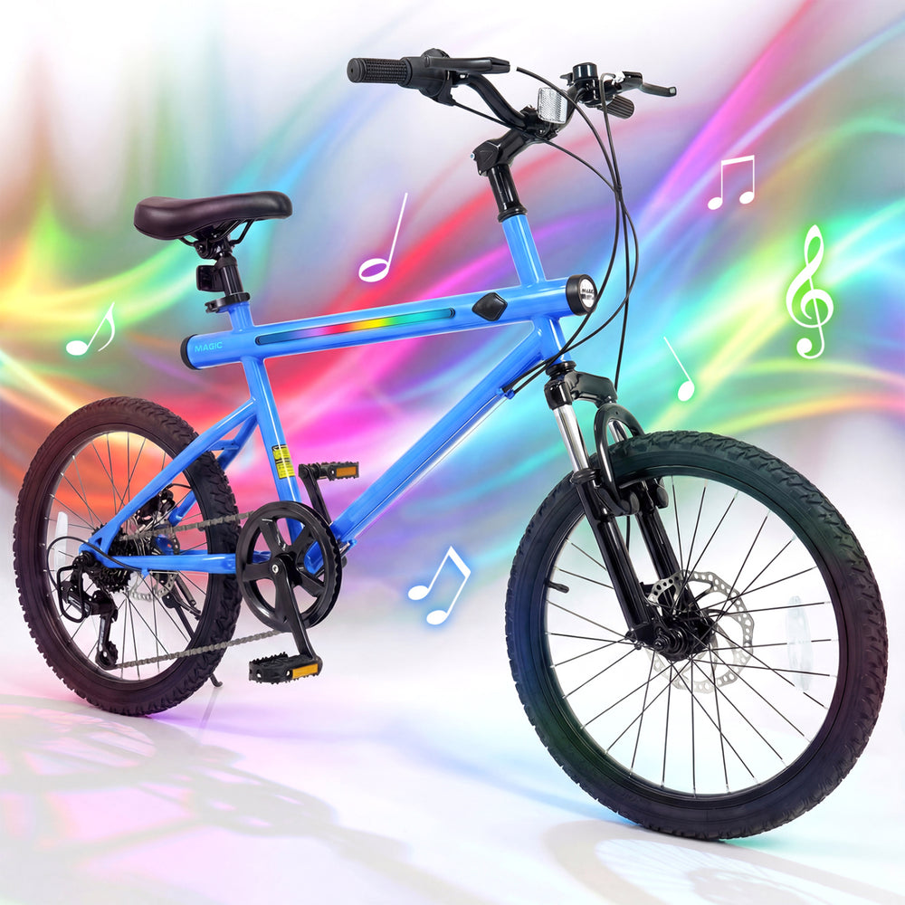 20-inch blue mountain bike with LED lights, 6-speed Shimano shifting, and built-in stereo speakers for fun rides.