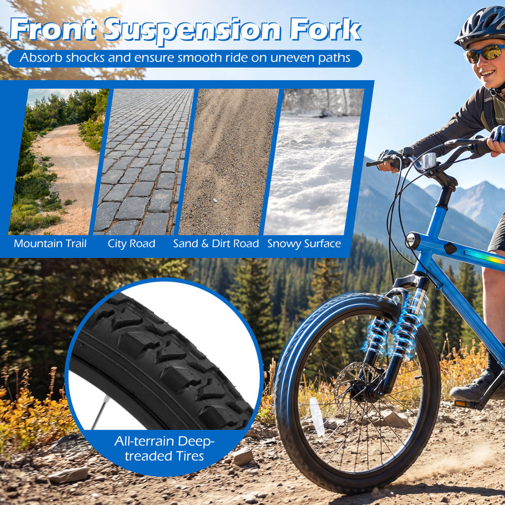 Front suspension fork and all-terrain deep-tread tires of the 20-inch mountain bike for smooth rides on various.