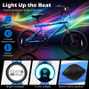 20-inch blue mountain bike with LED lights, stereo speakers, and 6-speed Shimano shifting for versatile rides.