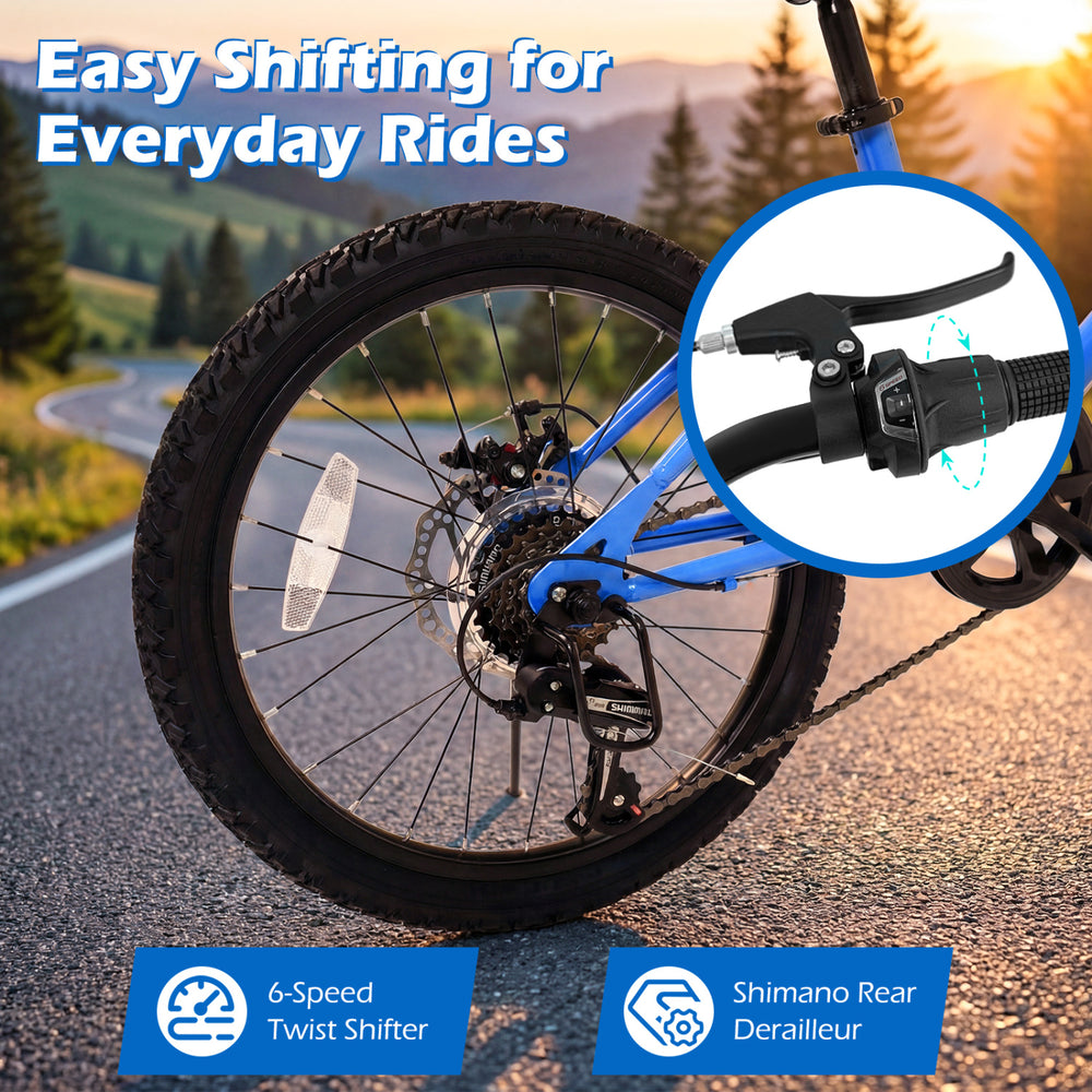 Close-up of the 20-inch mountain bike's 6-speed Shimano twist shifter and front suspension, ideal for smooth rides.