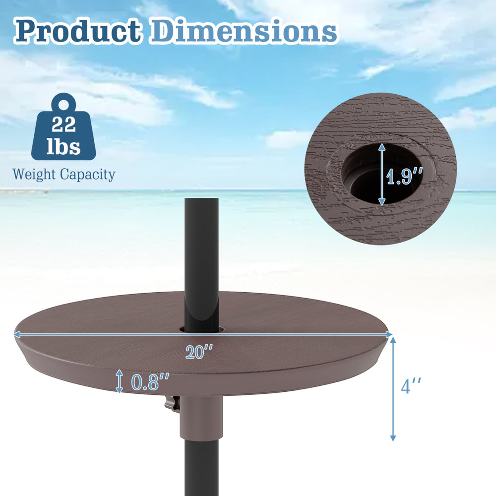 20-inch outdoor adjustable umbrella table with realistic wood grain, fits 1.5-1.9" poles, ideal for patio or poolside.