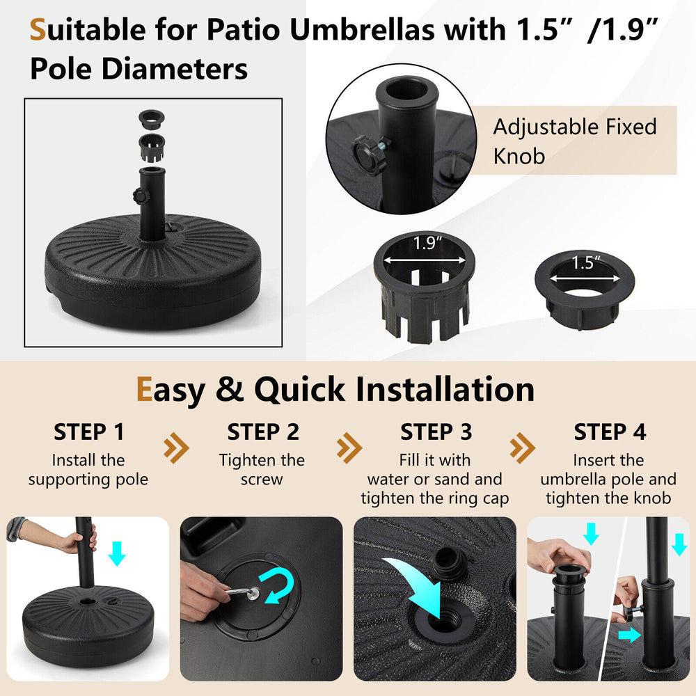 Heavy-duty 20-inch round umbrella base stand with adjustable knob, fillable with sand or water for stability.