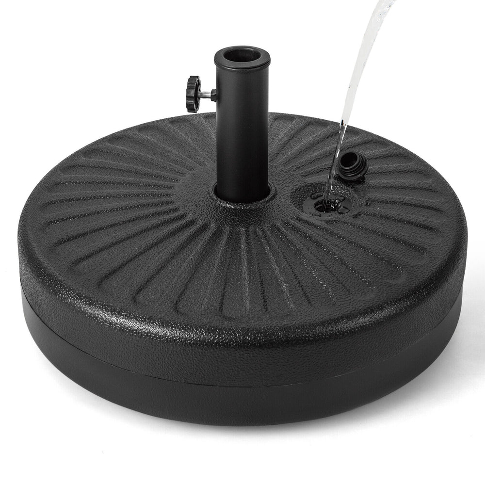 Heavy-duty 20-inch round umbrella base stand with fillable reservoir, designed for stability in outdoor settings.