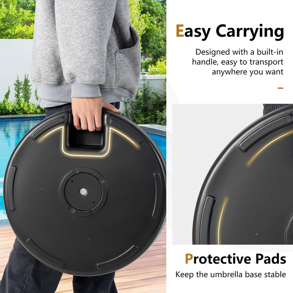 20-inch heavy-duty round umbrella base stand with built-in handle, protective pads, and fillable reservoir for.