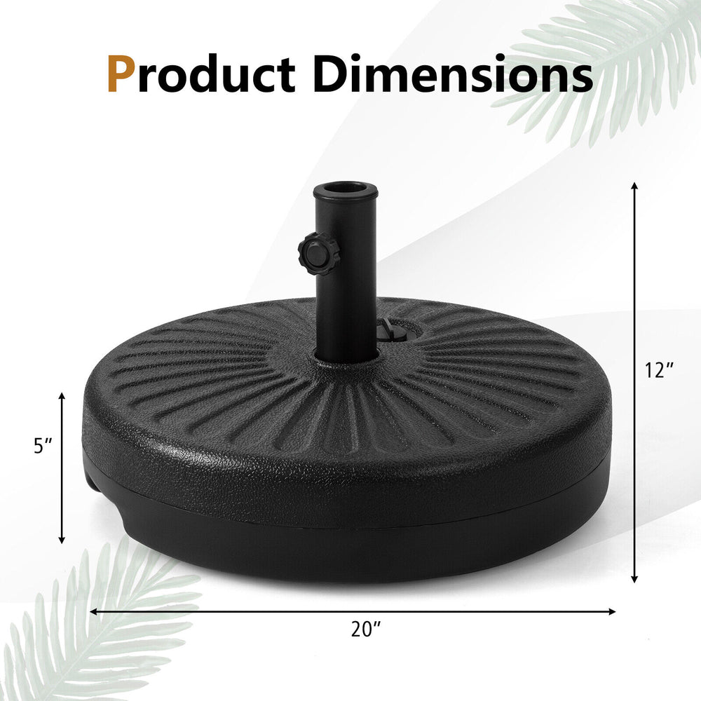 Heavy-duty 20-inch round umbrella base stand, fillable with sand or water, designed for stability in outdoor settings.