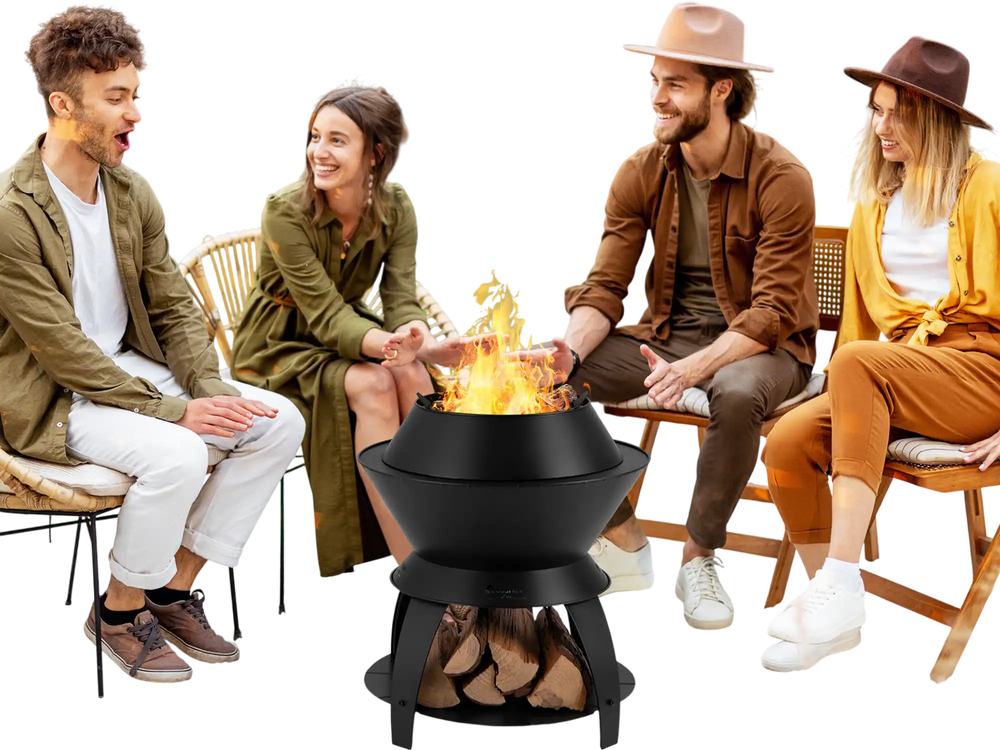 20-inch black patio fire pit with pot holder, surrounded by friends, perfect for camping and outdoor gatherings.