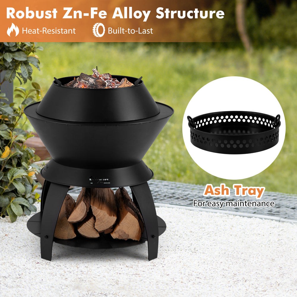 20-inch black patio fire pit with detachable pot holder, made of durable Zn-Fe alloy, ideal for camping and BBQ use.