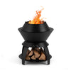 20-inch black patio fire pit with flames, detachable pot holder, and storage shelf for outdoor cooking and warmth.