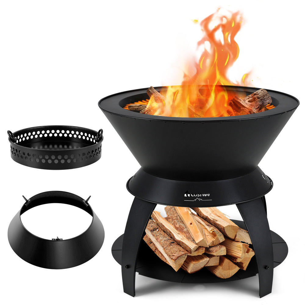 20-inch black patio fire pit with pot holder, storage shelf, and efficient air circulation for camping and BBQ use.