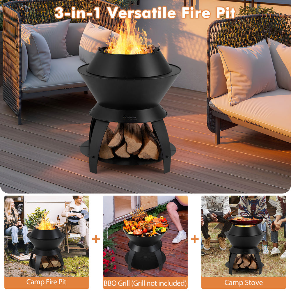 20-inch black metal patio fire pit with pot holder, perfect for camp stove, fire pit, or BBQ grill use.