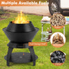 20-inch black patio fire pit with pot holder and storage shelf, designed for burning wood, charcoal, and pellets.