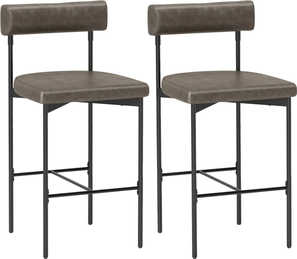 Set of 2 gray upholstered bar stools with backrest, featuring a sturdy metal frame and cozy padded seats for kitchen.