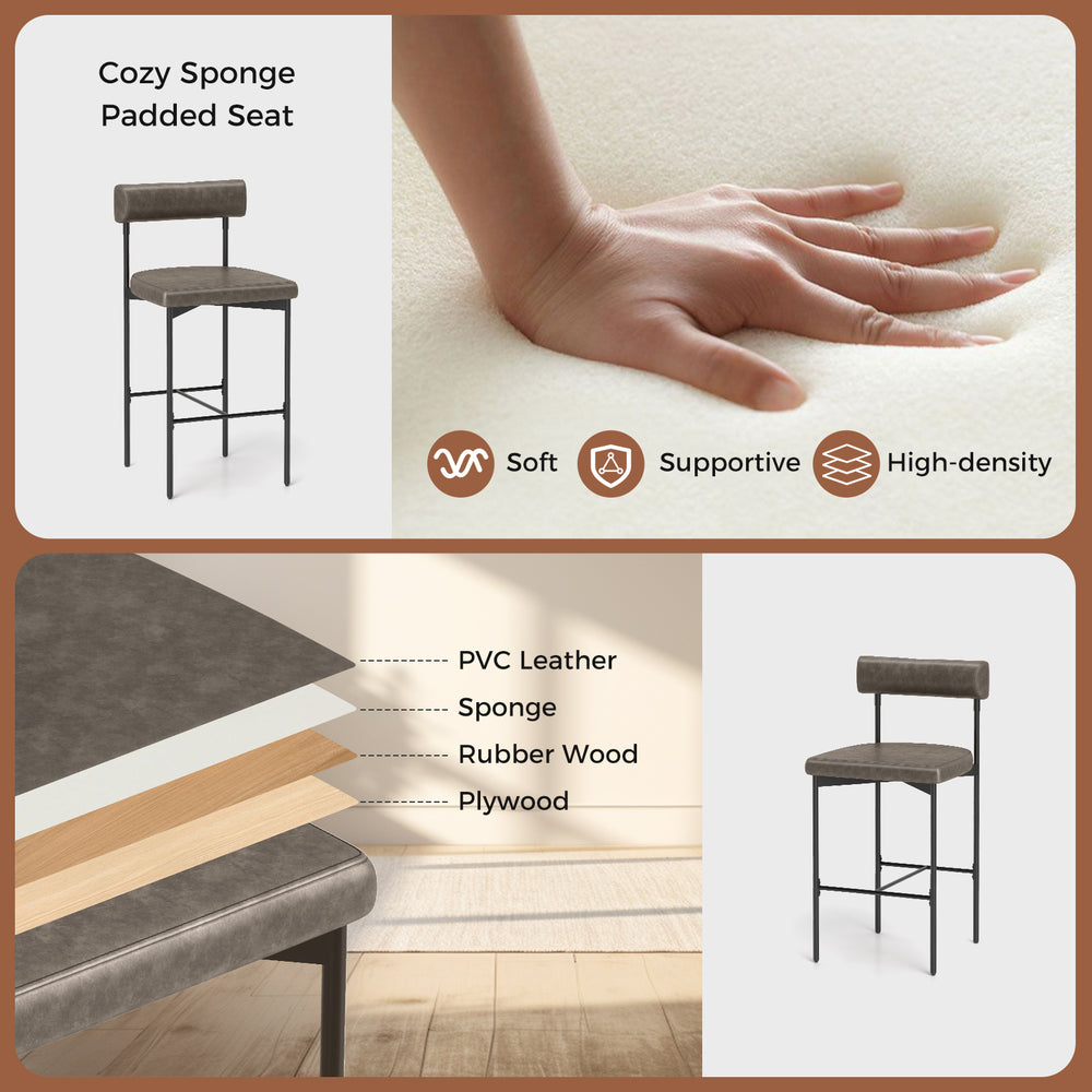 26-inch upholstered bar stool with gray PVC leather seat, padded backrest, and sturdy metal frame for kitchen or pub.