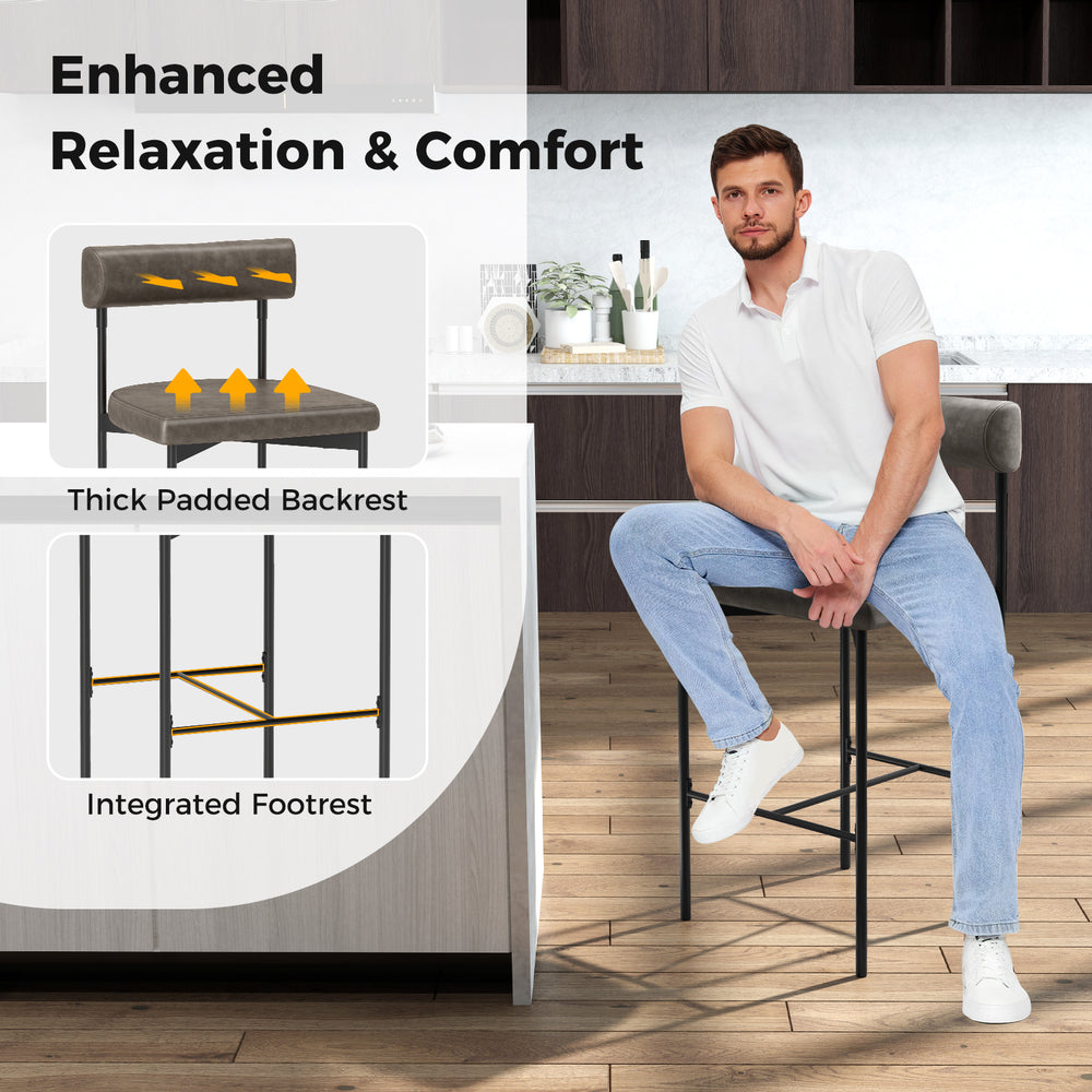 Upholstered bar stool with thick padded backrest and integrated footrest, perfect for kitchen or dining room use.