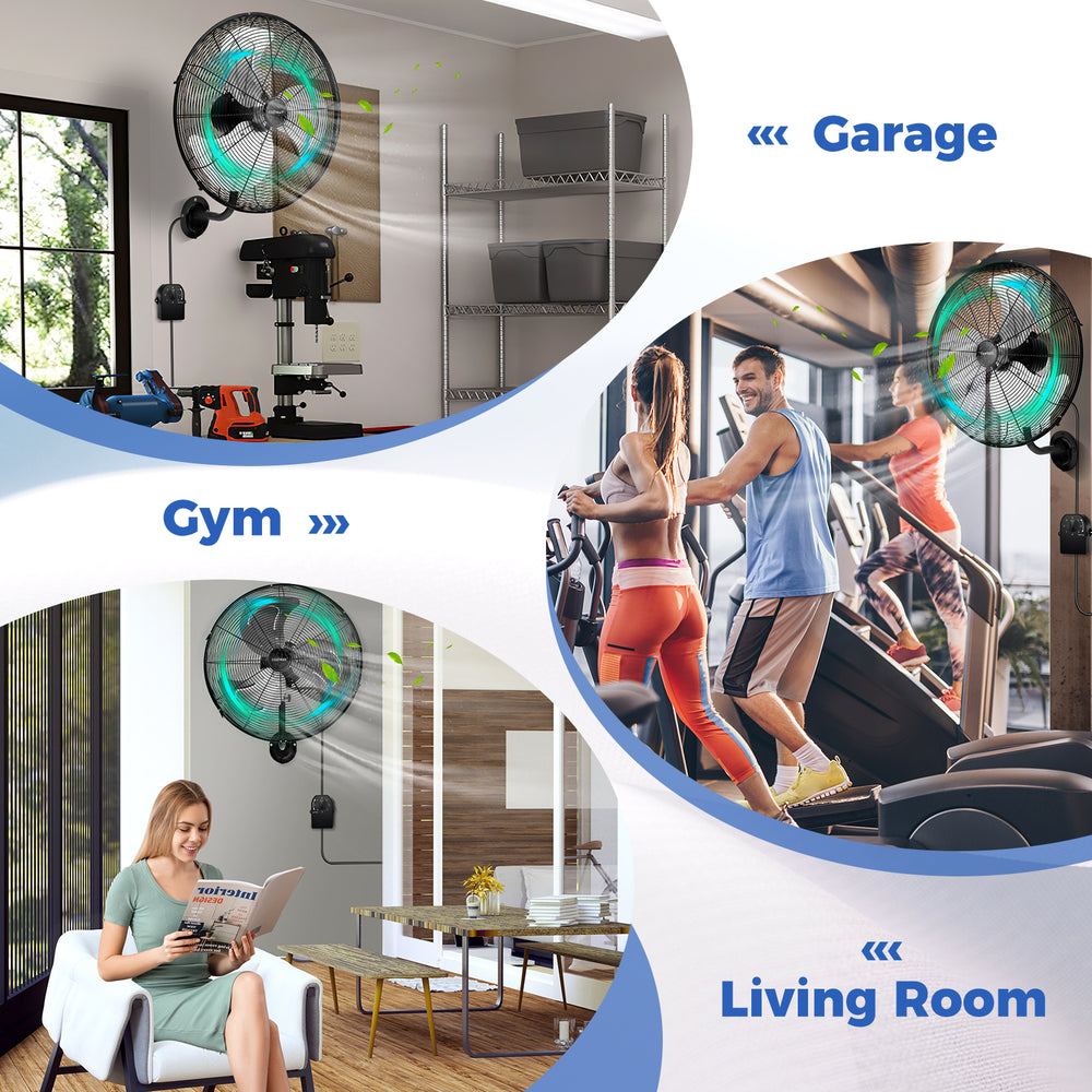 20-inch wall mount fan in black with adjustable tilt head, ideal for gym, garage, and living room air circulation.