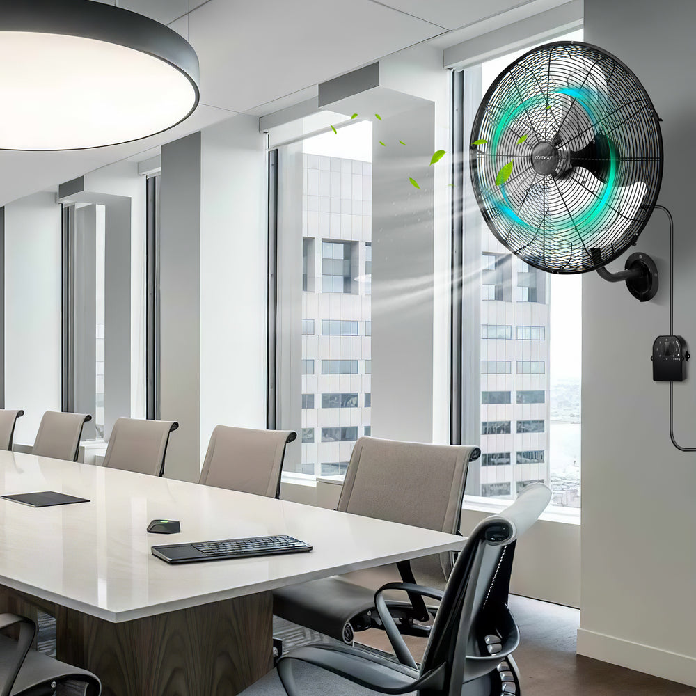 20-inch black wall mount fan with adjustable tilt head, featuring 3 speeds and wide oscillation for optimal air.