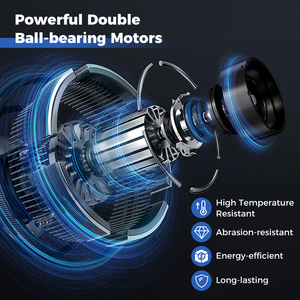 Close-up of the powerful double ball-bearing motor in the 20-inch wall mount fan, designed for energy efficiency and.