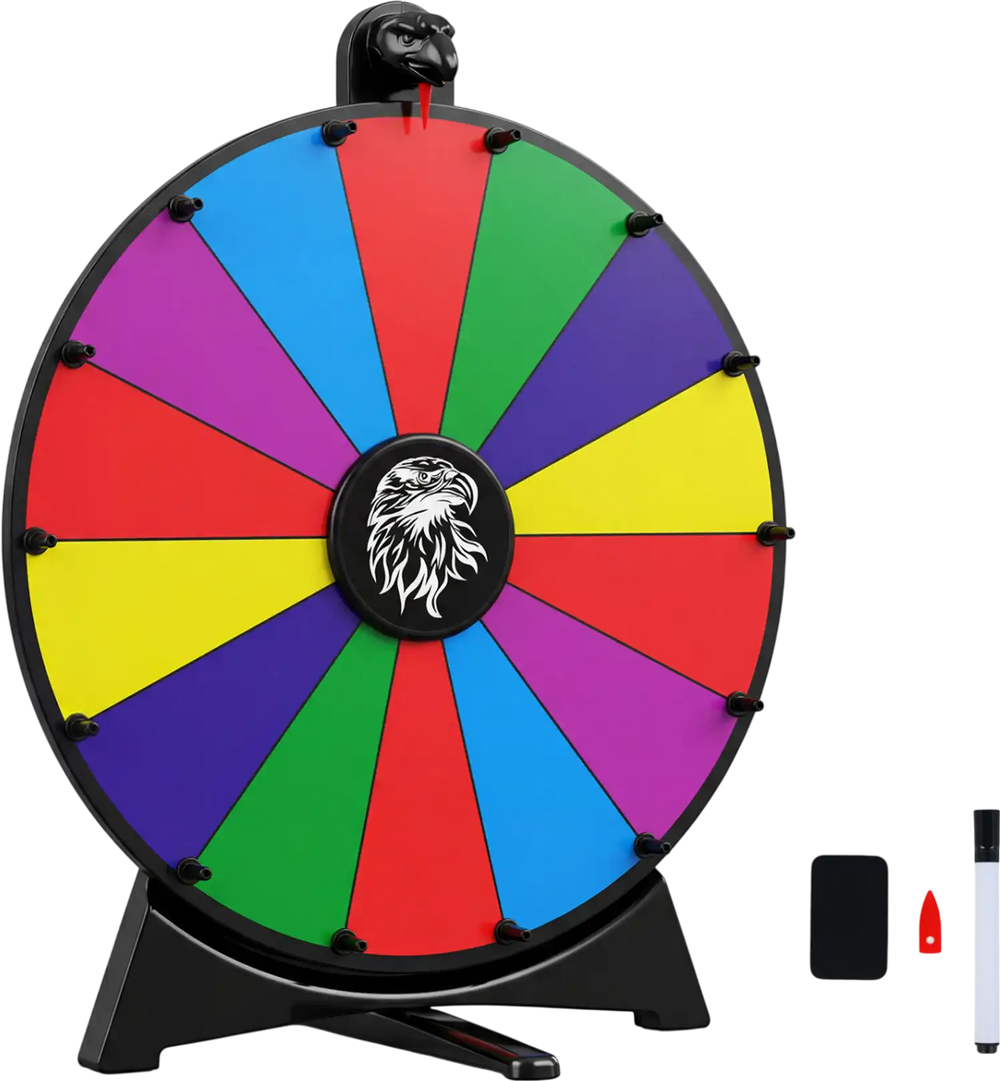 Multicolor 20-inch spin wheel with 14 slots, includes blackboard marker, ideal for events and games.