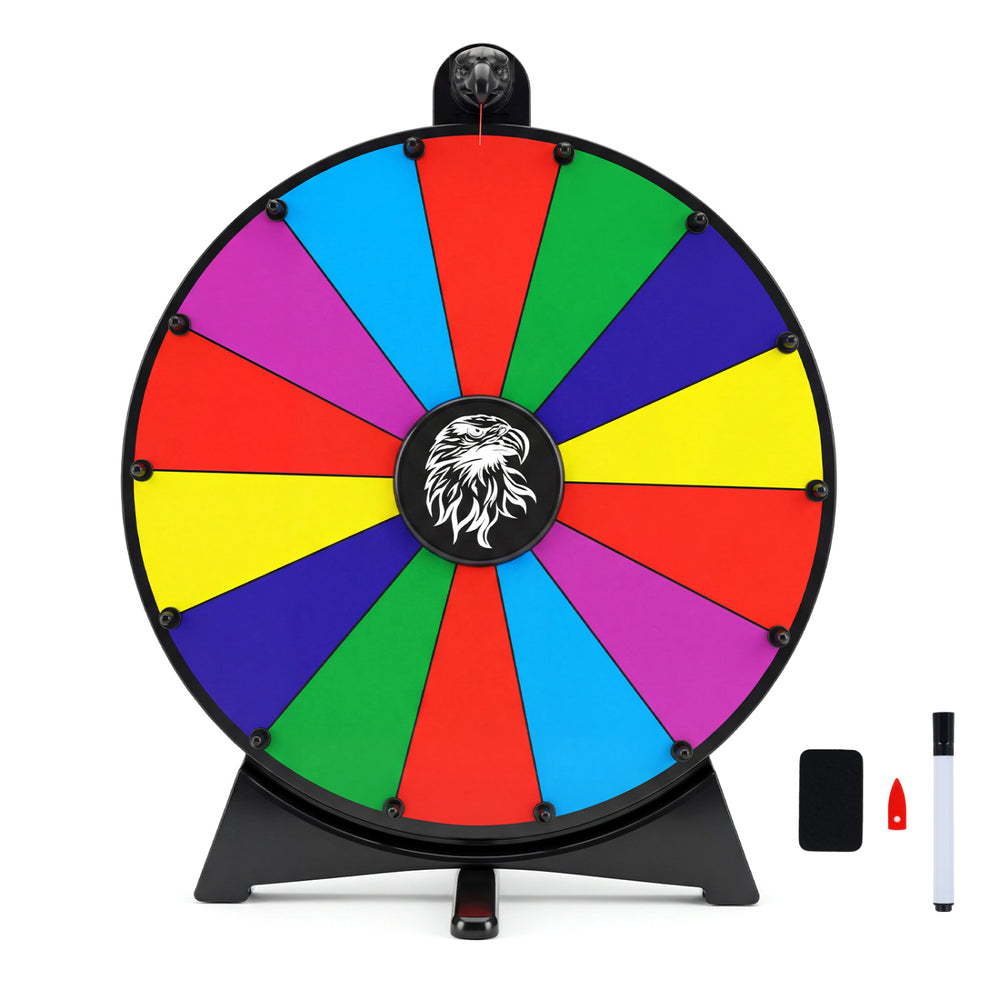 Multicolor 20-inch spin wheel with 14 slots, includes blackboard marker and eraser, ideal for events and games.