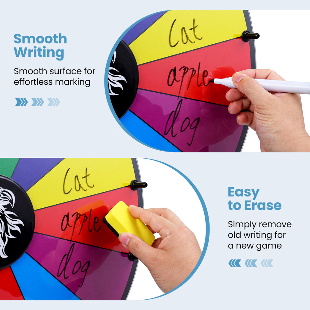 Multicolor 20-inch spin wheel showing smooth writing surface and easy erasing features, ideal for games and events.