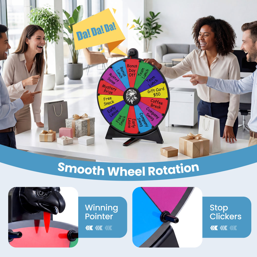 20-inch multicolor spin wheel with smooth rotation, winning pointer, and blackboard marker for events and games.