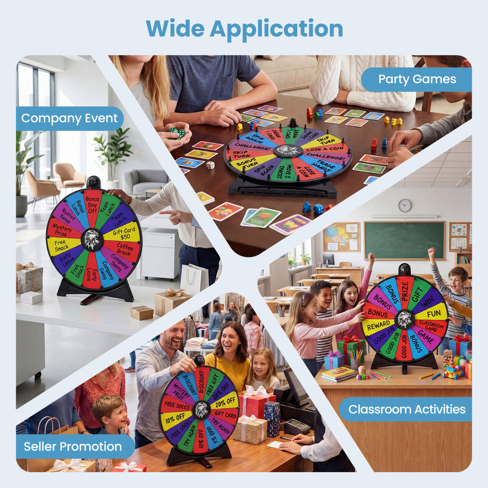20-inch multicolor spin wheel with 14 slots, ideal for company events, party games, and classroom activities.