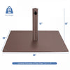 20-inch brown patio umbrella base stand with adjustable footpads, made of powder-coated steel for outdoor stability.