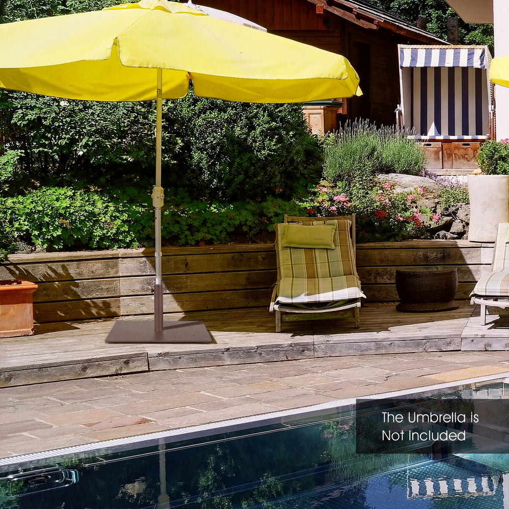 20-inch brown patio umbrella base stand with adjustable footpads, designed for stability on uneven surfaces by the.