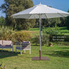 Patio umbrella base stand in brown with adjustable footpads, designed for stability on uneven ground in outdoor.