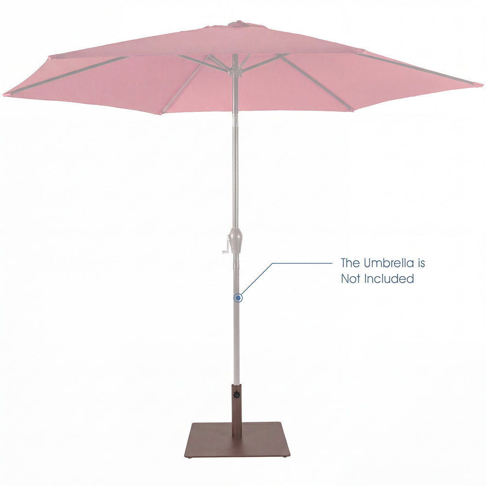 Patio umbrella base stand in brown with adjustable footpads for stability on uneven ground, ideal for outdoor use.