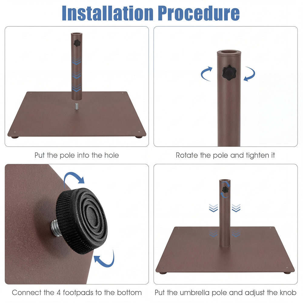 Installation steps for the 20-inch brown patio umbrella base stand with adjustable footpads for stability.