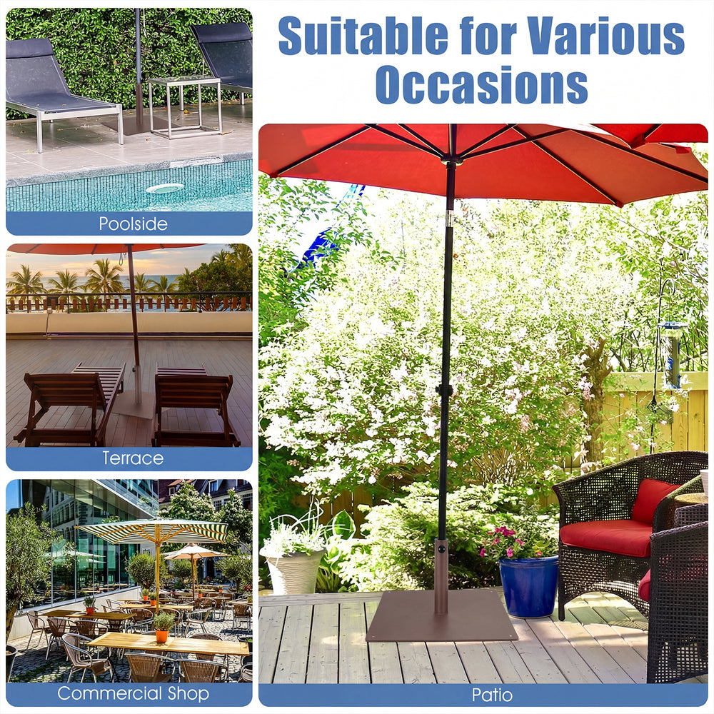 20-inch brown patio umbrella base stand with adjustable footpads for stability on uneven ground, ideal for outdoor use.